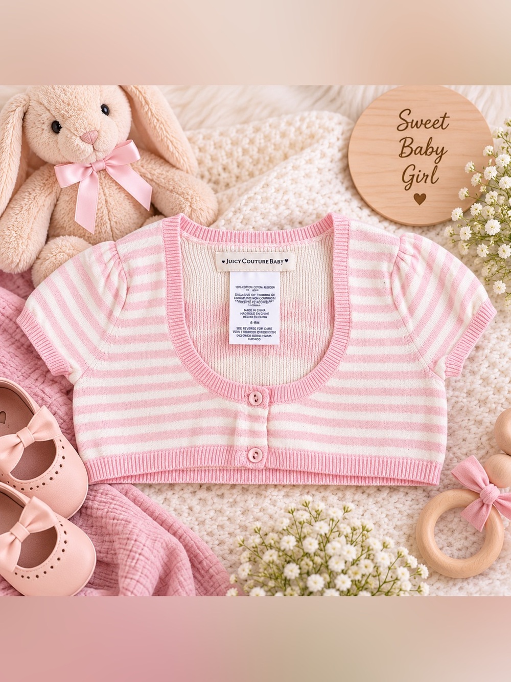Juicy Couture Baby Pink Striped Cardigan – 6–9 Months – NWT